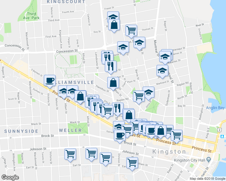 map of restaurants, bars, coffee shops, grocery stores, and more near in Kingston