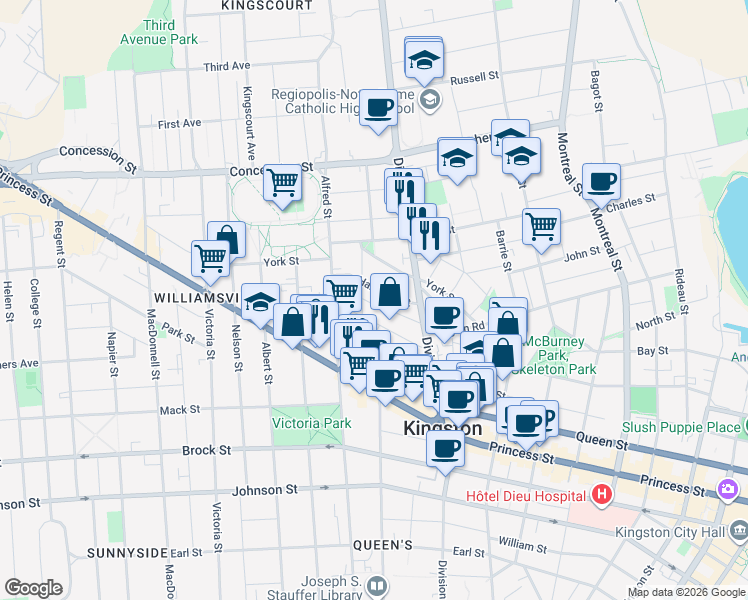 map of restaurants, bars, coffee shops, grocery stores, and more near in Kingston