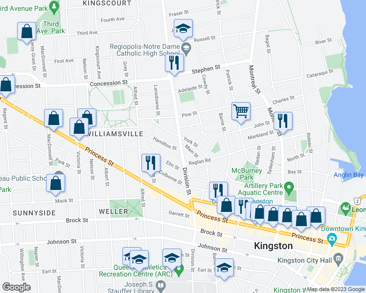 map of restaurants, bars, coffee shops, grocery stores, and more near 301 Division Street in Kingston