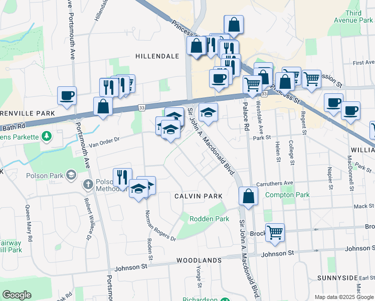 map of restaurants, bars, coffee shops, grocery stores, and more near 123 Van Order Drive in Kingston