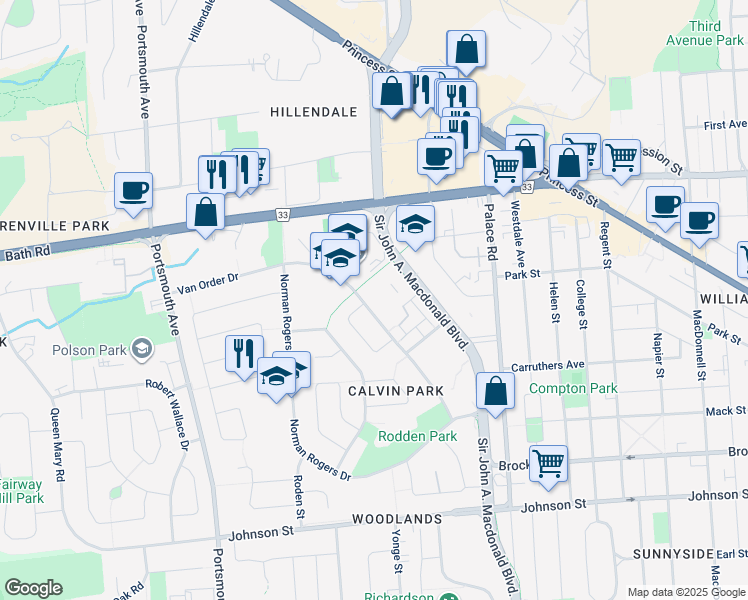 map of restaurants, bars, coffee shops, grocery stores, and more near 123 Van Order Drive in Kingston
