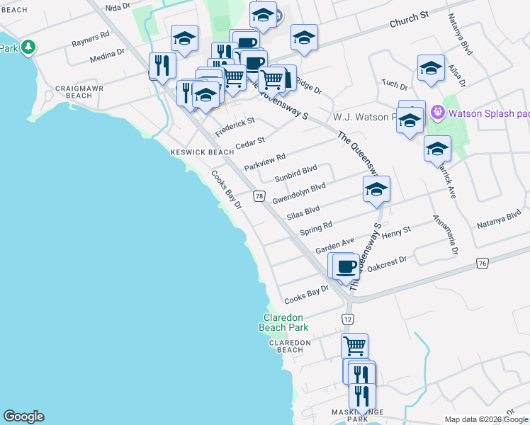 map of restaurants, bars, coffee shops, grocery stores, and more near 98 Metro Road South in Georgina