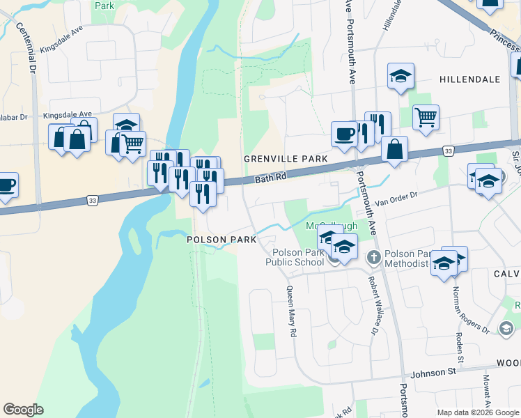 map of restaurants, bars, coffee shops, grocery stores, and more near in Kingston