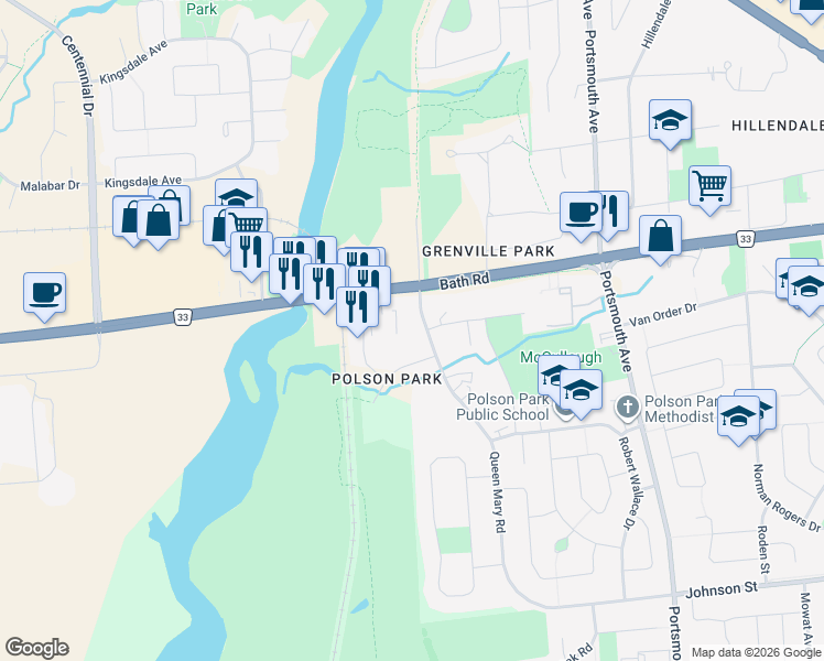 map of restaurants, bars, coffee shops, grocery stores, and more near 396 Bath Road in Kingston