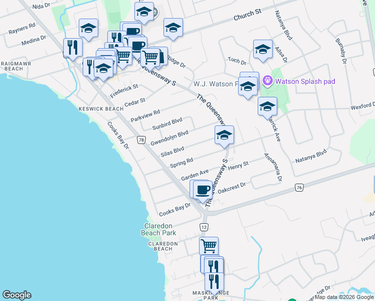 map of restaurants, bars, coffee shops, grocery stores, and more near 161 Silas Boulevard in Georgina