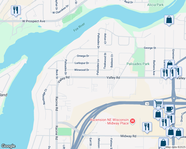 map of restaurants, bars, coffee shops, grocery stores, and more near 2021 Winwood Drive in Appleton