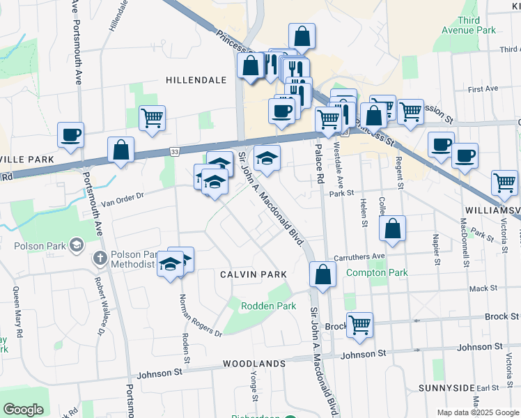 map of restaurants, bars, coffee shops, grocery stores, and more near 19 Macpherson Avenue in Kingston