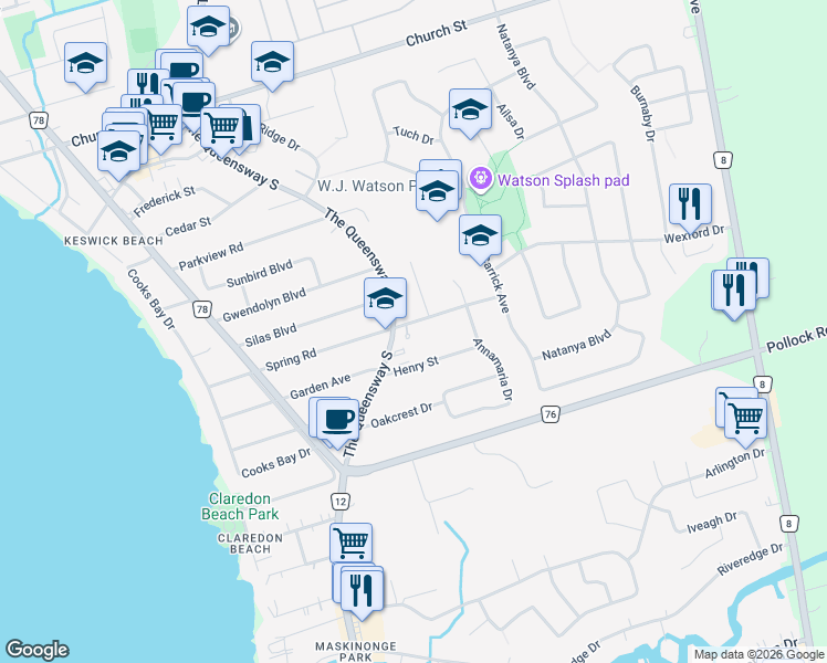 map of restaurants, bars, coffee shops, grocery stores, and more near in Georgina