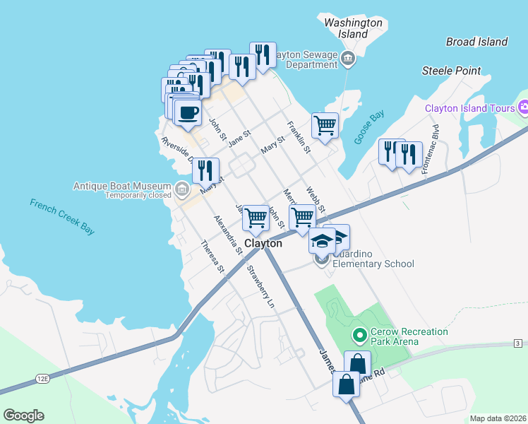 map of restaurants, bars, coffee shops, grocery stores, and more near 548 John Street in Clayton