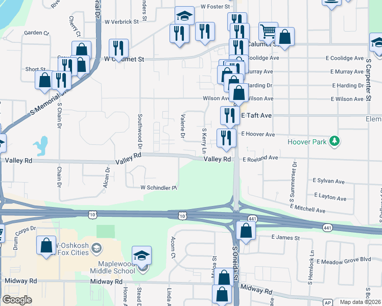 map of restaurants, bars, coffee shops, grocery stores, and more near 220 Valley Road in Appleton