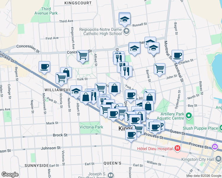 map of restaurants, bars, coffee shops, grocery stores, and more near 50 Hamilton Street in Kingston
