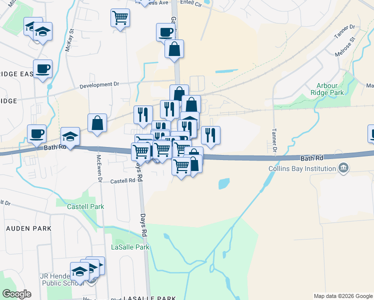 map of restaurants, bars, coffee shops, grocery stores, and more near 1650 Bath Road in Kingston