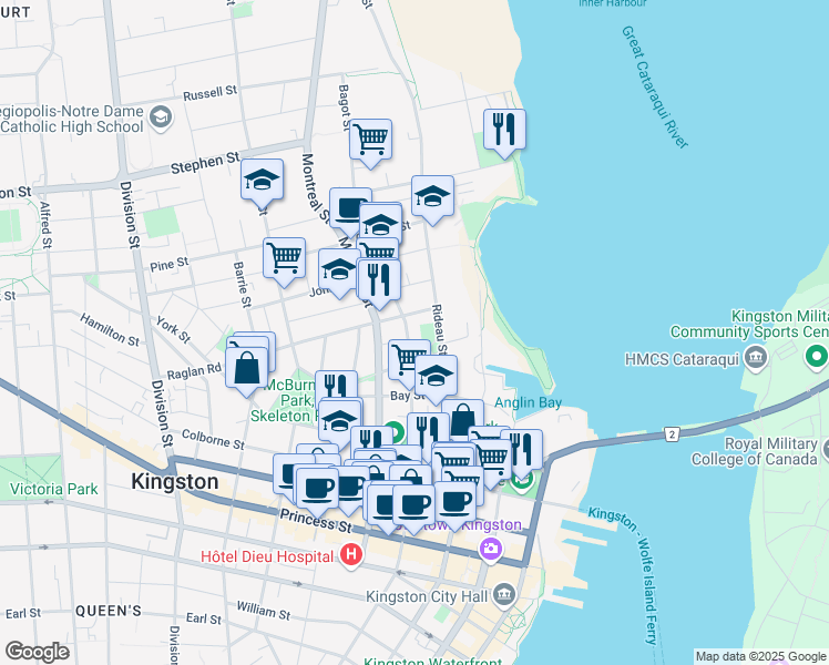map of restaurants, bars, coffee shops, grocery stores, and more near 495 Bagot Street in Kingston