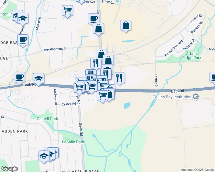 map of restaurants, bars, coffee shops, grocery stores, and more near 1650 Bath Road in Kingston