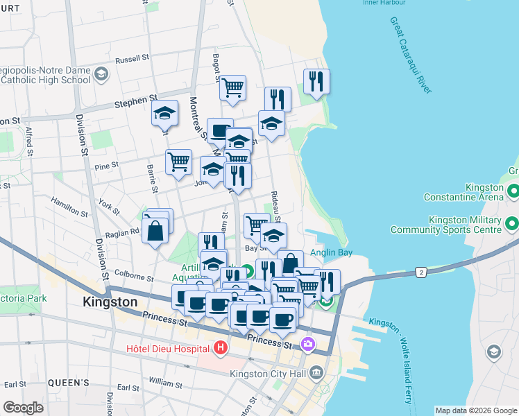map of restaurants, bars, coffee shops, grocery stores, and more near in Kingston