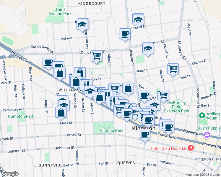 map of restaurants, bars, coffee shops, grocery stores, and more near 551 Frontenac Street in Kingston