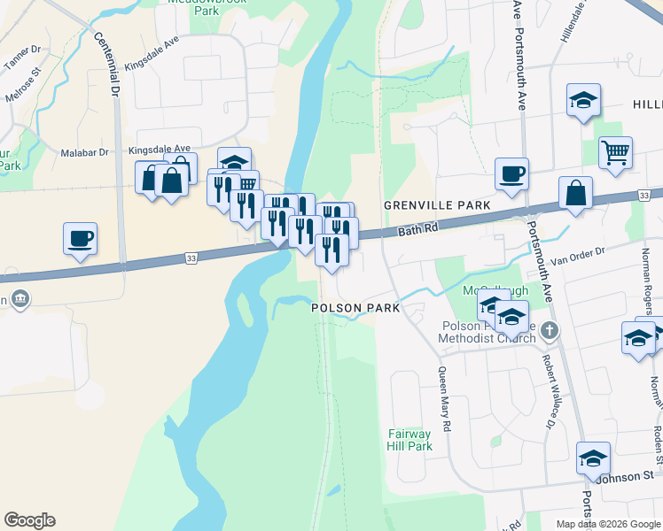 map of restaurants, bars, coffee shops, grocery stores, and more near 52 Bayswater Place in Kingston