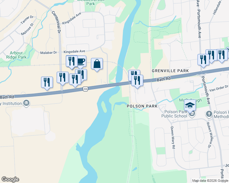 map of restaurants, bars, coffee shops, grocery stores, and more near 52 Bayswater Place in Kingston