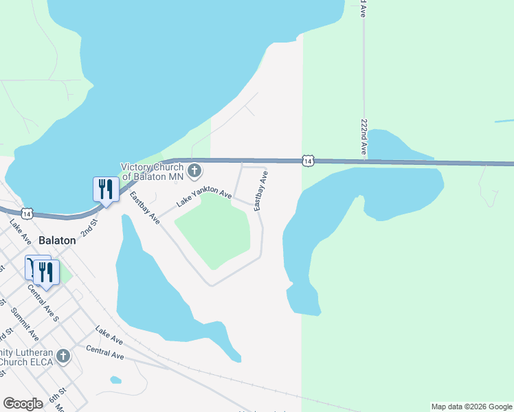 map of restaurants, bars, coffee shops, grocery stores, and more near 1041 Eastbay Avenue in Balaton