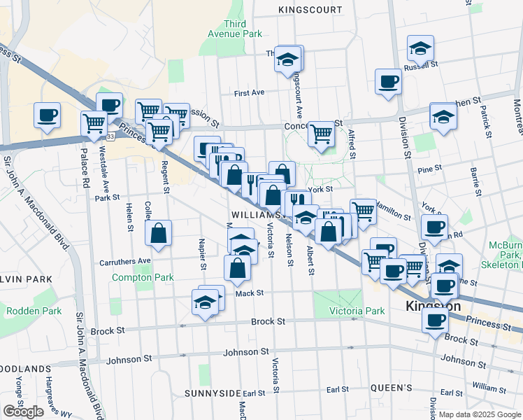 map of restaurants, bars, coffee shops, grocery stores, and more near 684 Kingston 2 in Kingston