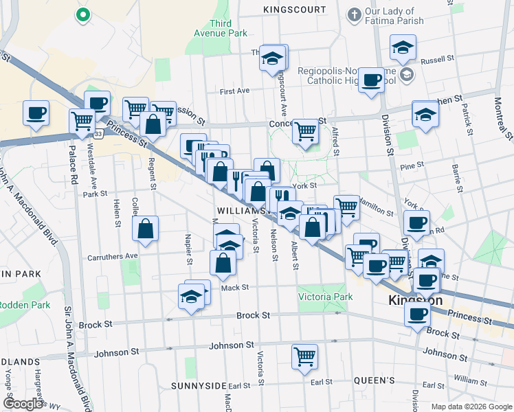 map of restaurants, bars, coffee shops, grocery stores, and more near 647 Princess Street in Kingston