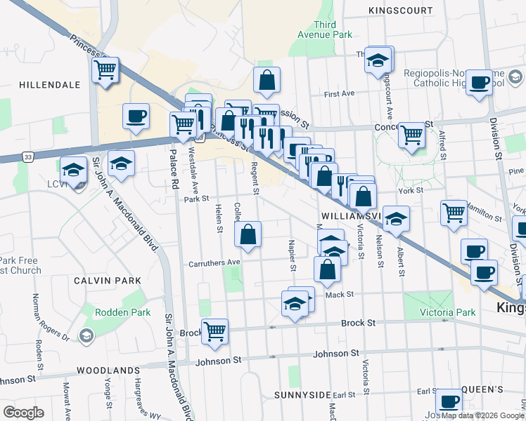 map of restaurants, bars, coffee shops, grocery stores, and more near in Kingston