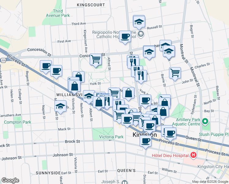 map of restaurants, bars, coffee shops, grocery stores, and more near 93 Linton Street in Kingston