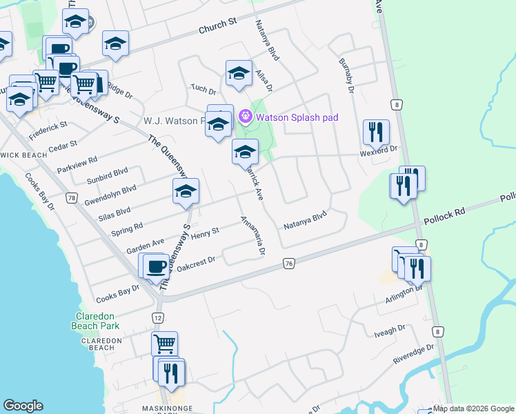 map of restaurants, bars, coffee shops, grocery stores, and more near 106 Carrick Avenue in Georgina