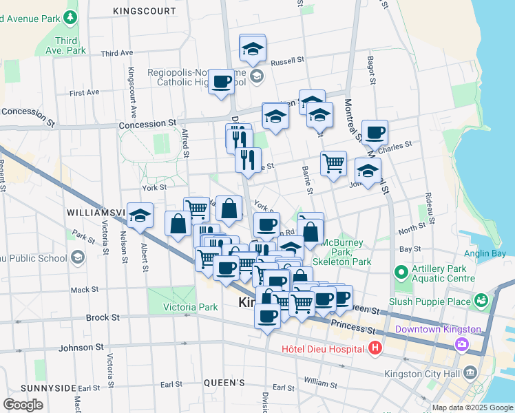 map of restaurants, bars, coffee shops, grocery stores, and more near 136 York Street in Kingston