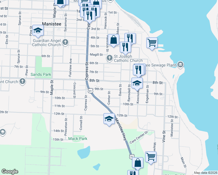 map of restaurants, bars, coffee shops, grocery stores, and more near 255 8th Street in Manistee