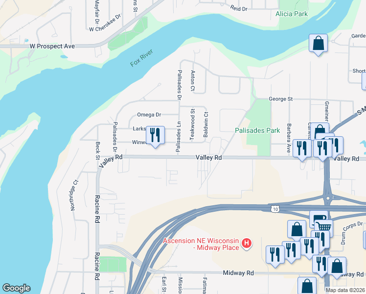 map of restaurants, bars, coffee shops, grocery stores, and more near 192 Baldwin Court in Appleton