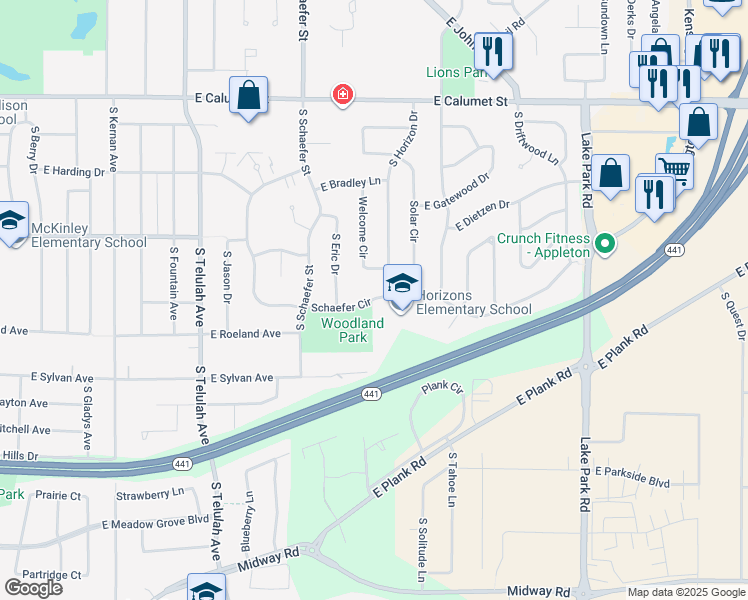 map of restaurants, bars, coffee shops, grocery stores, and more near 2110 Schaefer Circle in Appleton