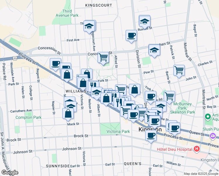 map of restaurants, bars, coffee shops, grocery stores, and more near 551 Frontenac Street in Kingston