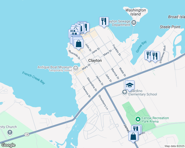 map of restaurants, bars, coffee shops, grocery stores, and more near 532 James Street in Clayton