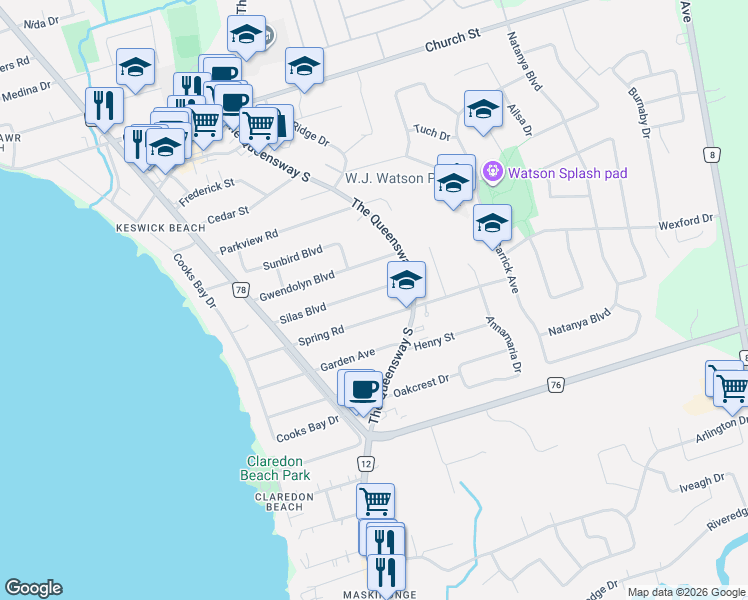 map of restaurants, bars, coffee shops, grocery stores, and more near 143 Silas Boulevard in Georgina