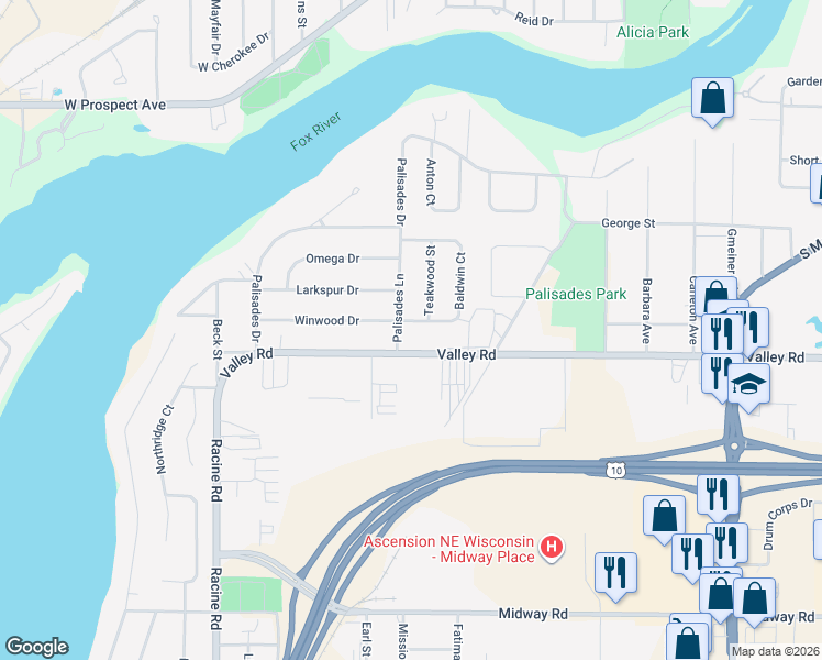 map of restaurants, bars, coffee shops, grocery stores, and more near 192 Baldwin Court in Appleton