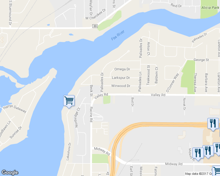 map of restaurants, bars, coffee shops, grocery stores, and more near 2235 Winwood Drive in Appleton