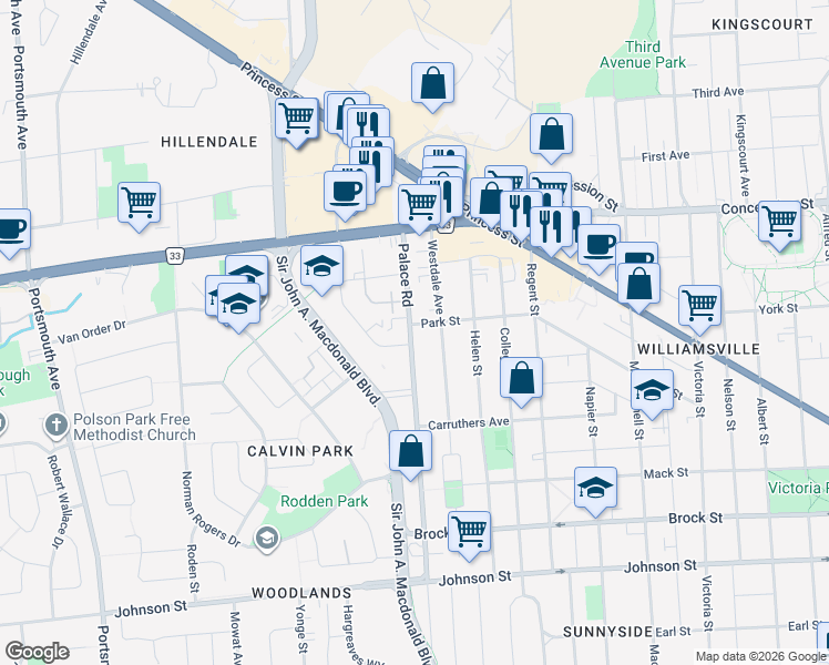 map of restaurants, bars, coffee shops, grocery stores, and more near 435 Palace Road in Kingston
