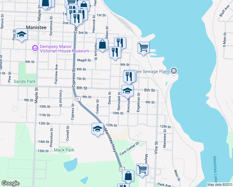 map of restaurants, bars, coffee shops, grocery stores, and more near 810 Ramsdell Street in Manistee