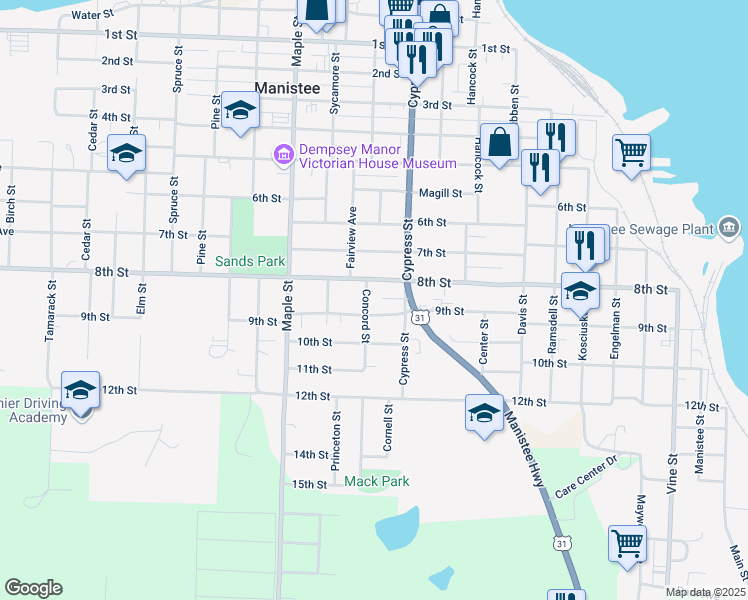 map of restaurants, bars, coffee shops, grocery stores, and more near 811 Concord Street in Manistee