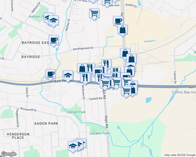 map of restaurants, bars, coffee shops, grocery stores, and more near 1718 Bath Road in Kingston
