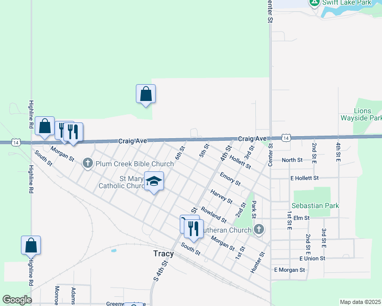 map of restaurants, bars, coffee shops, grocery stores, and more near 536 Emory Street in Tracy