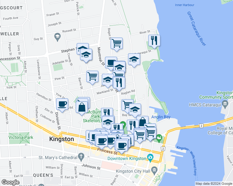 map of restaurants, bars, coffee shops, grocery stores, and more near 353 Sydenham Street in Kingston