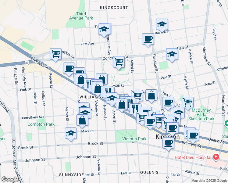 map of restaurants, bars, coffee shops, grocery stores, and more near 574 Frontenac Street in Kingston