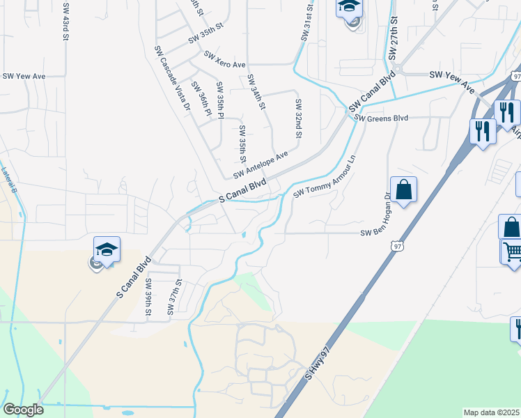 map of restaurants, bars, coffee shops, grocery stores, and more near 4199 Southwest 34th Street in Redmond