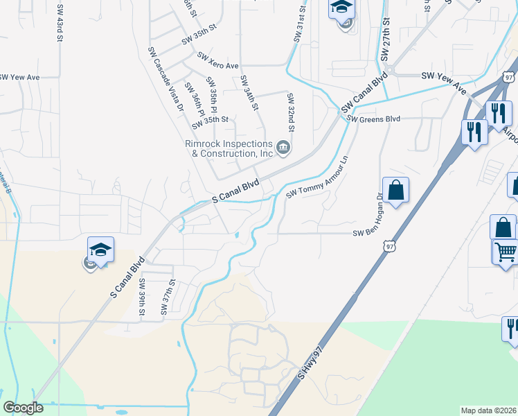 map of restaurants, bars, coffee shops, grocery stores, and more near 4199 Southwest 34th Street in Redmond