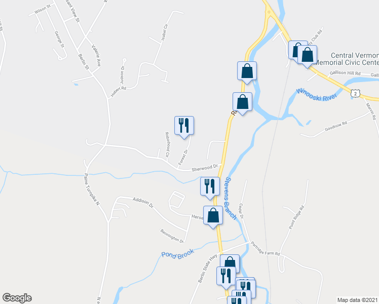 map of restaurants, bars, coffee shops, grocery stores, and more near 91 Forest Drive in Montpelier