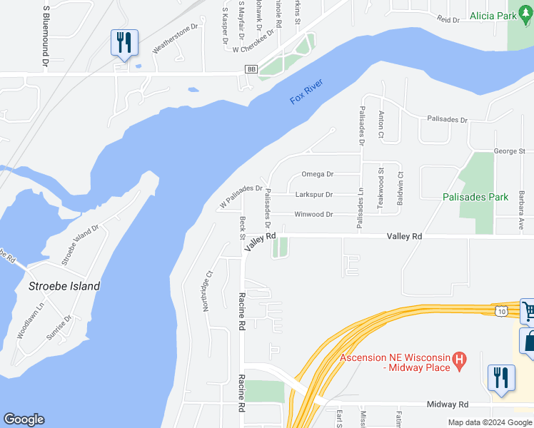 map of restaurants, bars, coffee shops, grocery stores, and more near 2599 Palisades Drive in Appleton