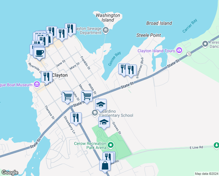 map of restaurants, bars, coffee shops, grocery stores, and more near 107 Island View Drive in Clayton