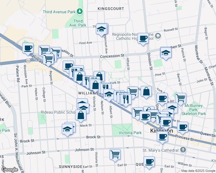 map of restaurants, bars, coffee shops, grocery stores, and more near 556 Albert Street in Kingston